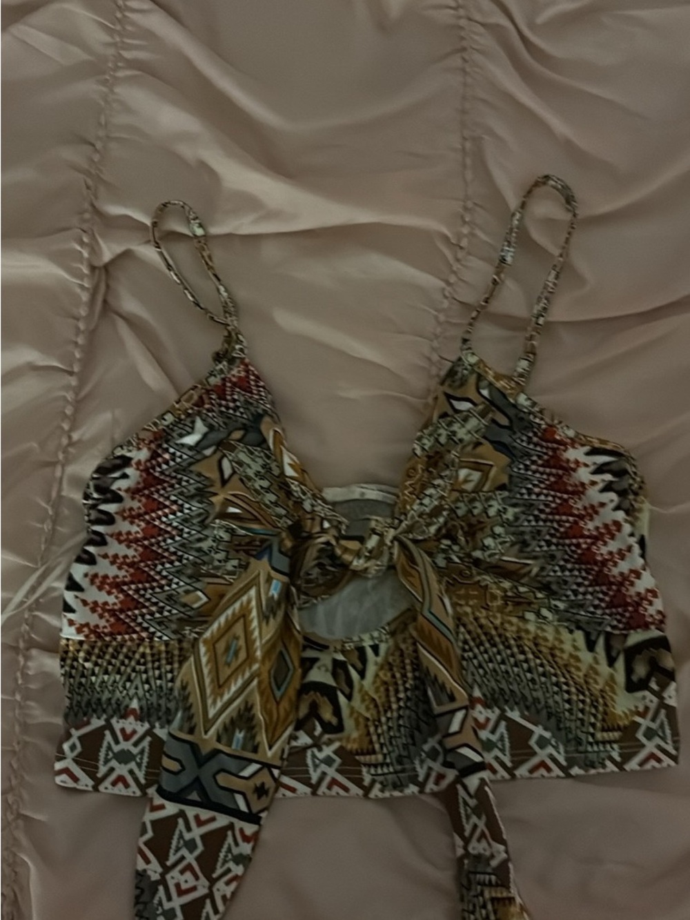 Bear Dance Geometric Tie-Front Camisole in Brown, Red and Cream